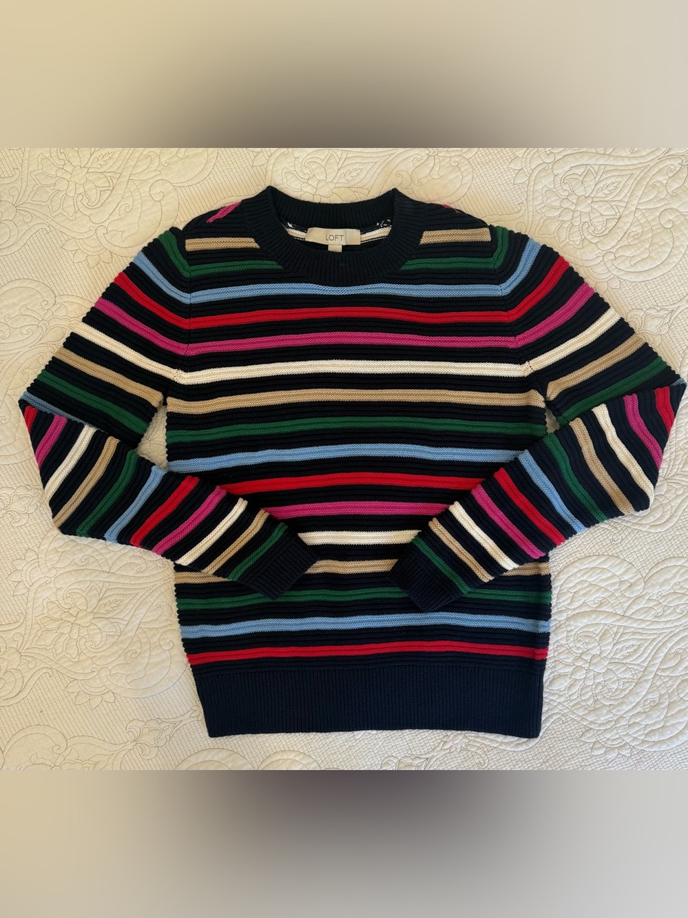 LOFT Colorful Striped CrewNeck Pullover Casual Sweater 100% Cotton Sz Small